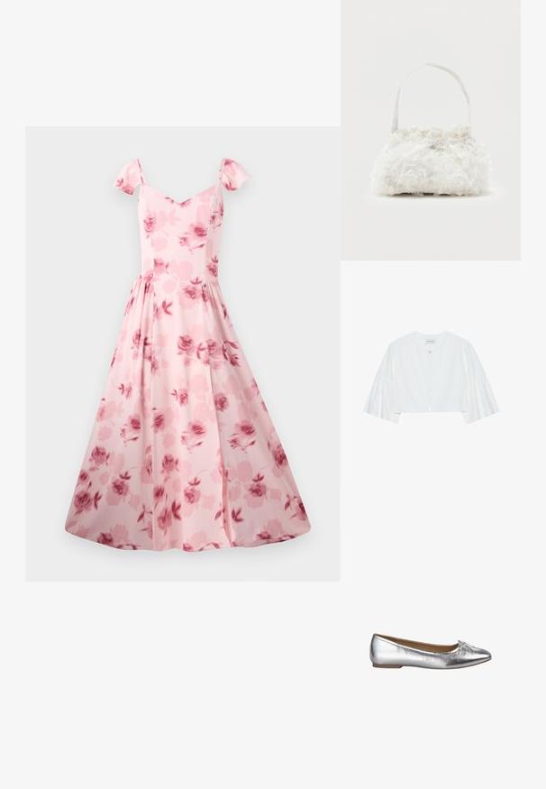 Witte cropped jasje met een ronde hals, ritssluiting aan de voorkant en bell-mouwen met geplooide manchetten. Soepele stoftextuur.; Roze bloemenjurk met korte puffmouwen, een aansluitend lijfje en een uitlopende rok. Bevat een subtiel rozenpatroon en een gladde stoffen textuur.; Zilveren ballet flats met een metallic afwerking, spitse neus en een klein strikdetail aan de voorkant. Platte zool met een lichtbruine binnenkant.; Kleine witte handtas met stoffen rozen die het geheel bedekken en een dunne, enkele band als handvat, op een effen achtergrond.