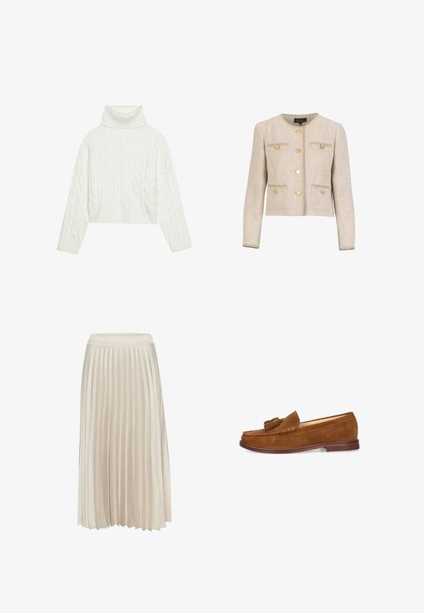 Veste en tweed beige avec un col rond, des boutons dorés, deux poches avant et une couture blanche décorative le long des bords.; Pull à col roulé en maille blanche, avec une coupe courte, doté de poignets et d'un ourlet côtelés. Texture douce avec un design épais et confortable.; Jupe midi plissée en beige clair, fabriquée à partir d'un tissu lisse et doux. Dispose d'une taille ajustée et d'un design fluide.; Mocassin à glands en daim brun avec bout arrondi, petit talon en bois et surpiqûres décoratives le long des bords.
