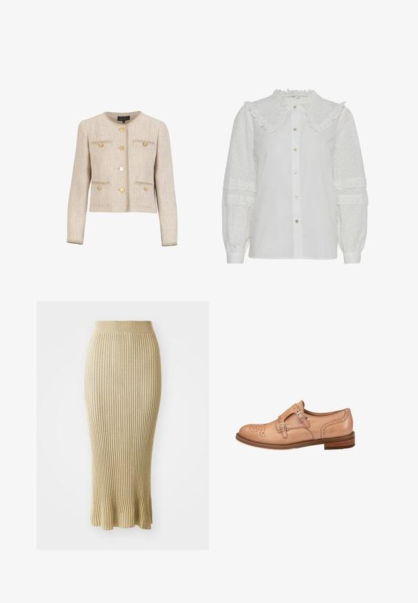 Beige tweedjakke med rund halsudskæring, guldknapper, to forlommer og dekorative hvide syninger langs kanterne.; Hvid bluse med en flæsekrave, knaplukning foran og broderet øjenlågdetaljering på de puffede ærmer. Har en subtil glans og blød tekstur.; Strikket blyantskirt i lys beige, med lodrette ribber, en tætsiddende talje og en udvidende kant med diskrete detaljer forneden.; Tan lædersko med dobbelte spænder, perforerede detaljer ved tåen, afrundet form og en flad træhæl.