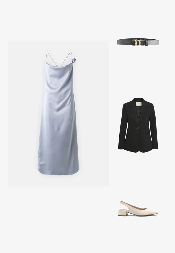 Sort blazer af glat stof med enkelt knaplukning, skårlommer, to forlommer og skræddersyet pasform.; Lyseblå satin kjole med spaghetti-stropper, en V-udskæring og en dekorativ blomsterdetalje på skulderen. Glat tekstur og tætsiddende form.; Beige slingback hæle med spids tå, lav blokhæl og glat lædertekstur. Har udsparinger på siderne for åndbarhed.; Sort læderbælte med en guldmetals spænde med et unikt sammenfiltret design og fem justerbare huller for pasform. Glat tekstur hele vejen igennem.