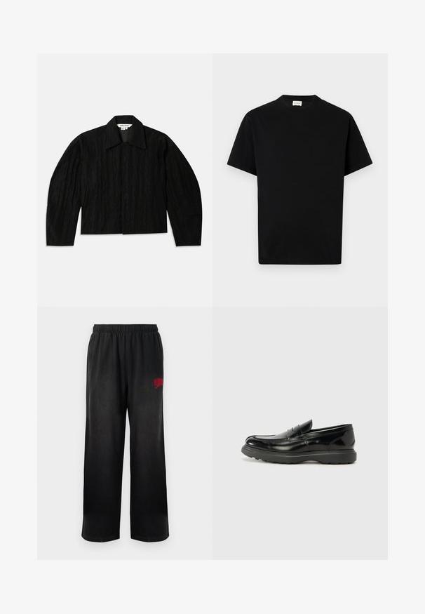 Sort cropped jakke med en tekstureret overflade, bred krave og lange, let indsnævrede ærmer. Har en skjult frontlukning.; Sort bomuld t-shirt med rund hals, korte ærmer og lige snit. Ingen synlige mønstre eller hardwaredetaljer.; Sorte sweatpants med elastisk talje og sidelommer. Har rød "Billionaire Boys Club" logo på højre lår. Blød, glat tekstur.; Sort læderloafer med en blank finish, rund tå, subtile syninger og en tyk gummisål for holdbarhed.