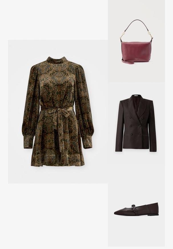 Bruine dubbelgeknoopte blazer met piekkleppen, twee voorkruiszakken en donkere knopen, vervaardigd uit een gladde stof met een subtiele glans.; Fluwelen jurk met lange pofmouwen, hoge hals en een ceintuur in de taille. Kenmerkt zich door een groene basis met ingewikkelde gouden en bruine bloemenpatronen.; Donkerbruine platte schoen met puntige neus, lage hak en een sierlijke enkelband met een zilveren gesp tegen een effen achtergrond.; Kleine bordeauxrode leren handtas met gouden beslag, bovenste ritssluiting, enkele handgreep en afneembare schouderriem, Furla-logo aan de voorkant.