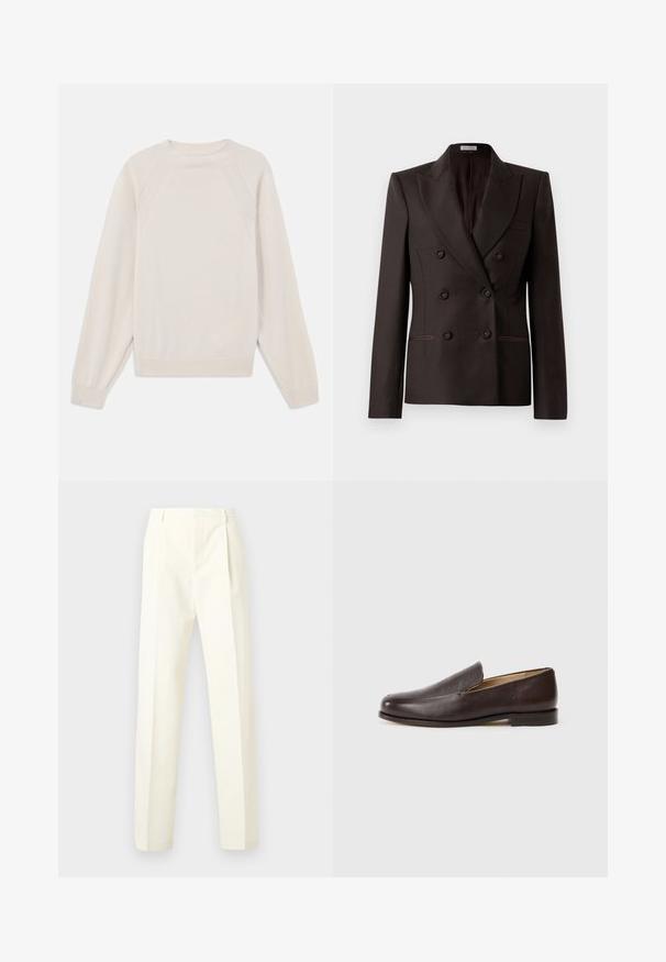 Brun dobbeltknappet blazer med spidse slag, to forlommer og mørke knapper, fremstillet af et glat stof med subtil glans.; Lyscremefarvet sweater lavet af blød strikstof. Har rund hals, lange ærmer og ribbede manchetter og kant med raglanærmedesign.; Herrebukser i lyst cremefarvet stof med høj talje, plisseret front, lige pasform og uden synlige lommer eller hardware-detaljer.; Brune læder loafers med en glat overflade, rund tå, lav stakket hæl og minimal syning, sat mod en hvid baggrund.