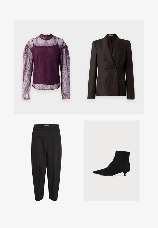 Brun dobbeltknappet blazer med spidse slag, to forlommer og mørke knapper, fremstillet af et glat stof med subtil glans.; Lilla blonde bluse med lange ærmer og gennemsigtige sektioner på ærmerne og den øverste del af brystet, med høj hals og intrikate blomster mønstre.; Sorte bukser i et glat stof, der har høj talje, midterrude og smalle ben. Ingen synlige lommer eller pynt.; Sort ruskind kort støvle med spids tå og lav kittenhæle, vist fra siden på ensartet lys baggrund.