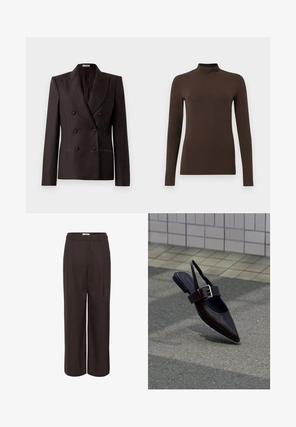 Blazer marrón de doble botonadura con solapas de picos, dos bolsillos frontales y botones oscuros, confeccionado en una tela suave con un leve brillo.; Top de tortuga de manga larga marrón, fabricado con un material suave. Diseño ajustado con un cuello alto y mangas sin costuras. Sin patrones ni herrajes visibles.; Pantalones de pierna ancha marrones hechos de una tela suave. Presenta una cintura alta, pliegues frontales y bolsillos laterales para mayor funcionalidad.; Zapato plano de punta afilada color marrón oscuro con tira trasera y hebilla grande plateada sobre asfalto cerca de una pared con azulejos.