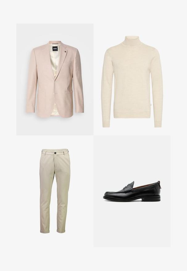 Blazer rosa claro con un sutil patrón de cuadros. Cuenta con solapa muestrada, dos bolsillos frontales y cierre de un solo botón. Forrado en su interior.; Jersey de cuello alto beige hecho de un tejido de punto suave. Presenta mangas largas y un diseño ajustado, con cuello y puños acanalados.; Pantalones ajustados beige con trabillas para cinturón, botón delantero, cierre de cremallera, bolsillos laterales y dobladillos con vuelta.; Mocasín de hombre de piel negra con costura moc toe, tira penny, cuello texturizado y tacón bajo apilado sobre fondo blanco.