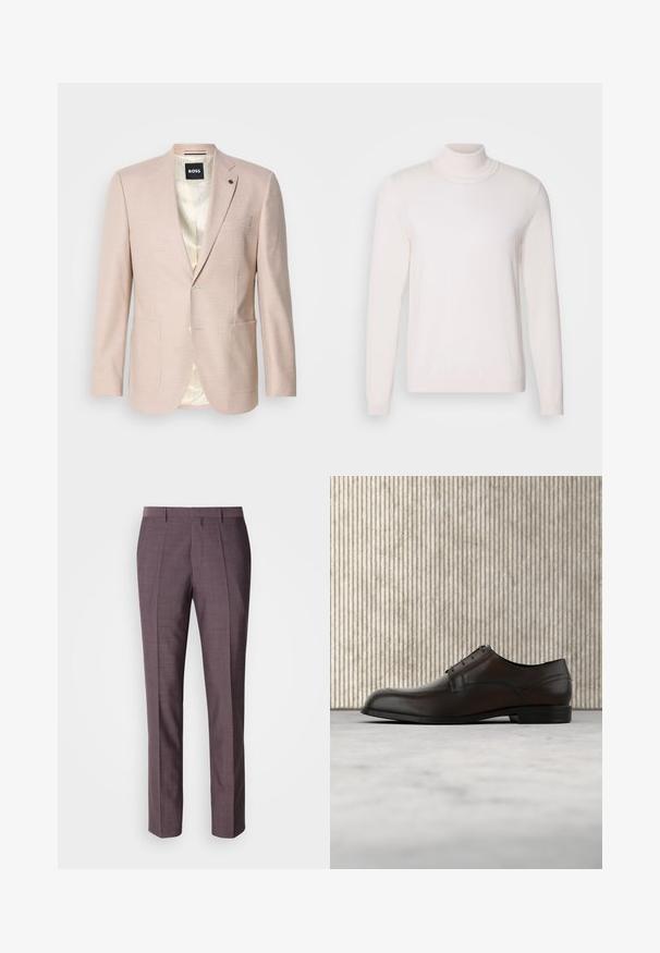Blazer rose clair avec un motif à carreaux subtil. Présente un col cranté, deux poches avant et une fermeture à un bouton. Intérieur doublé.; Pull à col roulé rose clair avec des manches longues, texture douce, col et poignets côtelés, présentant un design classique et ajusté.; Pantalons sur mesure pour hommes dans une teinte violette douce, présentant une texture lisse, une coupe droite et des plis avant pour un détail supplémentaire.; Chaussure habillée en cuir marron avec un bout arrondi, des coutures minimales et une finition lisse. Elle présente un faible talon et un design de laçage simple.