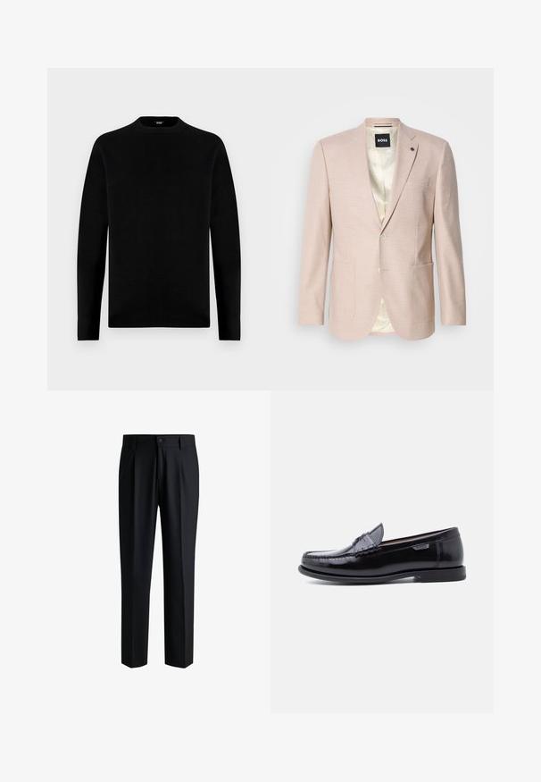Blazer rosa claro con un sutil patrón de cuadros. Cuenta con solapa muestrada, dos bolsillos frontales y cierre de un solo botón. Forrado en su interior.; Sudadera negra de manga larga con cuello redondo, de diseño sencillo y sólido, con una pequeña etiqueta de la marca en el interior del cuello.; Pantalones negros de tela suave, con un diseño de pierna recta, pliegues en la parte delantera y cierre de botón con trabillas para cinturón.; Mocasines de cuero negro con acabado brillante, que presentan un diseño cosido en la puntera y una suela baja de goma negra texturizada.