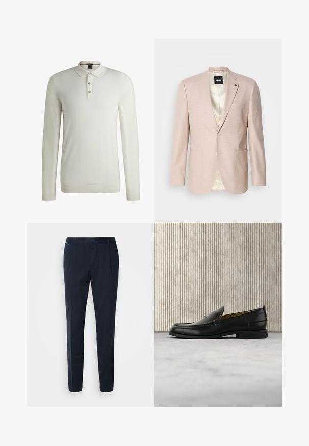 Lyserød blazer med et subtilt ternet mønster. Har en spids krave, to forreste lommer og en enkelt knaplukning. Foret inderdel.; BOSS LANCIONE - Striktrøje - open white eleven; Mørkeblå bukser lavet af bomuldsblanding, med lige pasform, frontfolder og knaplukning i taljen. Glat tekstur, ingen mønstre.; Sort læder herreloafer med krokodillepræget forstykke og lav hæl, vist i profil på en neutral baggrund.