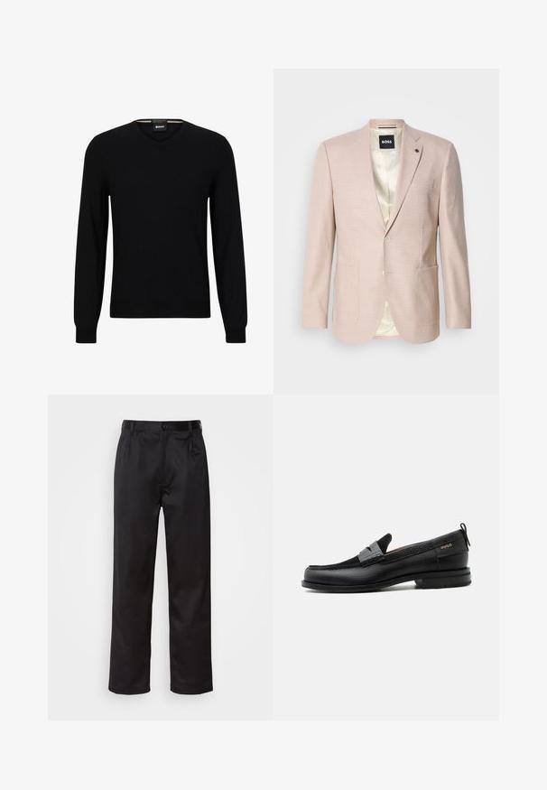 Blazer rosa claro con un sutil patrón de cuadros. Cuenta con solapa muestrada, dos bolsillos frontales y cierre de un solo botón. Forrado en su interior.; Suéter negro de punto con mangas largas y escote en V. Presenta un sutil logo en el frente y puños y dobladillo acanalados. Textura suave.; Pantalones negros de tela suave, con cierre delantero de botón, pliegues y patas rectas. Sin patrones ni acentos visibles.; Mocasín de cuero negro con detalle de tira gris, tacón bajo y suela texturizada, con la marca "HUGO" en oro en el lateral.