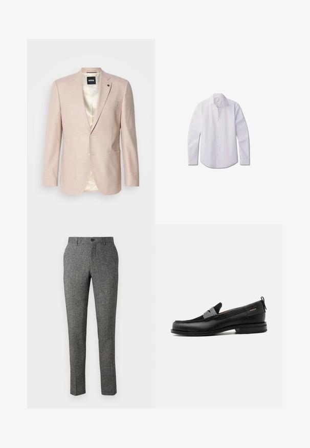 Heller rosa Blazer mit dezentem Karomuster. Verfügt über einen Reverskragen, zwei vordere Taschen und einen einzelnen Knopfverschluss. Gefüttertes Innenfutter.; Weißes langärmliges Hemd aus glattem Stoff, mit klassischem Kragen, vordere Knopfleiste und abgerundetem Saum.; Lindbergh PANTS - Stoffhose - brown; Schwarzer Lederloafer mit grauem Riemendetail, niedrigem Absatz und strukturierter Sohle, seitlich mit „HUGO“ in Gold gebrandmarkt.