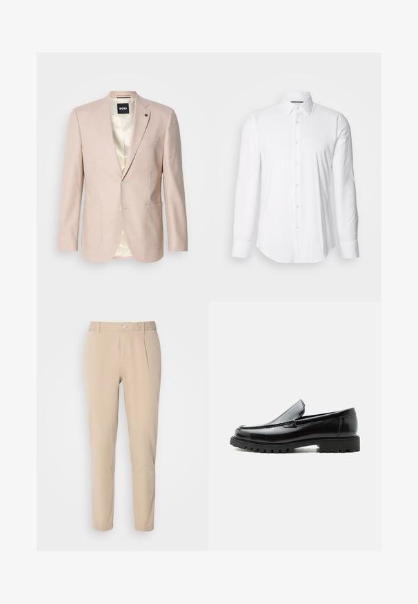Heller rosa Blazer mit dezentem Karomuster. Verfügt über einen Reverskragen, zwei vordere Taschen und einen einzelnen Knopfverschluss. Gefüttertes Innenfutter.; Weißes Langarmhemd aus glattem Stoff mit klassischem Kragen und durchgehender Knopfleiste, das einen abgerundeten Saum hat. Die Knöpfe sind dezent glänzend.; Beige Hosen mit schmaler Passform, aus gewebtem Material. Sie verfügen über einen einzelnen Knopfverschluss, eine gefalte Vorderseite und gerade Beine.; Schwarzer Lederloafer mit grober Gummisohle, genähter Oberseite und geprägtem Markennamen an der Ferse, seitlich auf weißem Hintergrund gezeigt.
