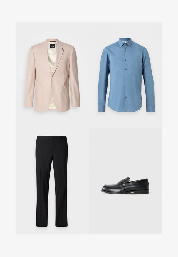 Lyserød blazer med et subtilt ternet mønster. Har en spids krave, to forreste lommer og en enkelt knaplukning. Foret inderdel.; Langærmet herreskjorte i ensfarvet lyseblå med knapper foran og spids krave, vist på en ensfarvet baggrund.; Sorte skræddersyede bukser med lige ben, der har en glat overflade, plissee foran og en klassisk talje for et formelt udseende.; Sorte læder loafers med rund tå, syet detaljer og en flad gummisål. Har en bred rem over vristen.