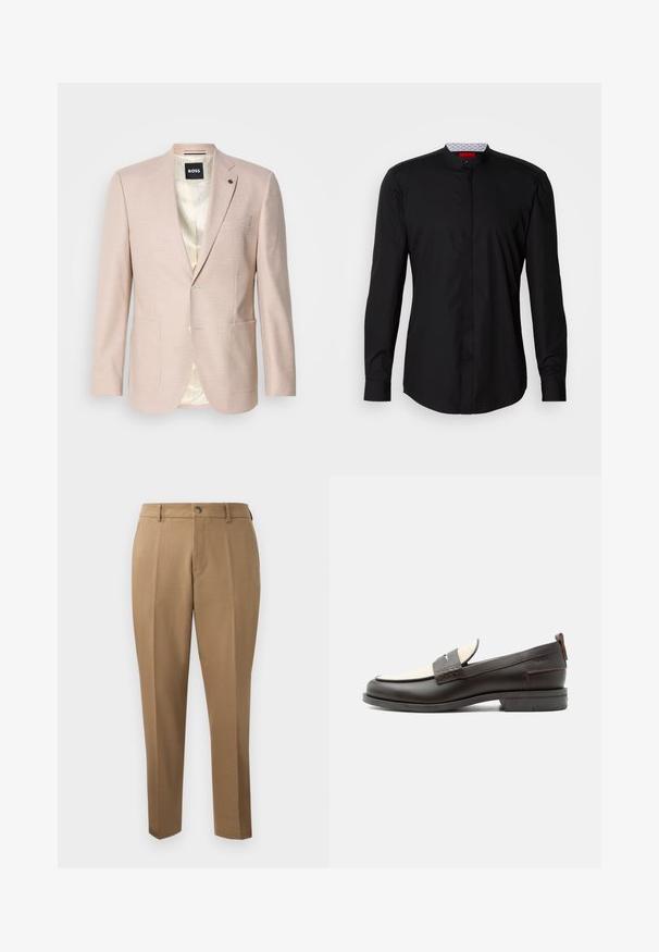 Lyserød blazer med et subtilt ternet mønster. Har en spids krave, to forreste lommer og en enkelt knaplukning. Foret inderdel.; Sort langærmet skjorte med mandarin-krave, lavet af et glat stof, med knaplukning foran og diskrete designdetaljer.; Brune skræddersyede bukser med lige snit, enkelt plissé, bæltestropper og frontknaplukning. Glat stof med en mat overflade.; Mørkebrune herresko i læder med cremefarvet stofpanel og klassisk syning på remmen, flad sål og trækskærm ved hælen.