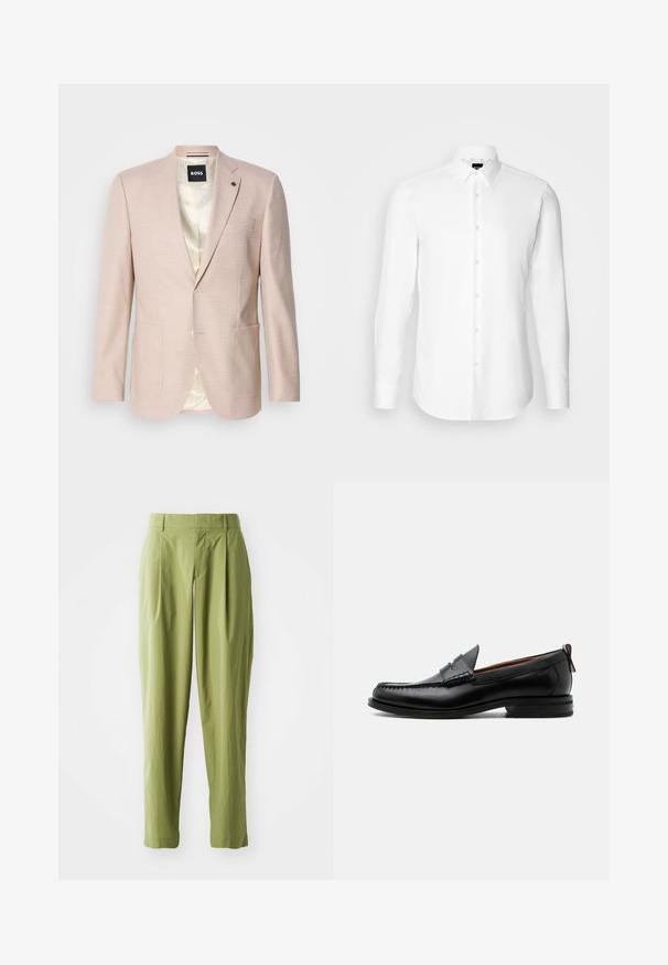 Blazer rose clair avec un motif à carreaux subtil. Présente un col cranté, deux poches avant et une fermeture à un bouton. Intérieur doublé.; Chemise blanche à manches longues, boutonnée sur le devant, col classique, fabriquée en tissu lisse avec une texture subtile, conçue pour une coupe ajustée.; Pantalons vert clair en tissu texturé, présentant une coupe droite, des plis à l'avant et une taille standard.; Mocassin homme en cuir noir avec couture moc toe, bride penny, col texturé et petit talon empilé sur fond blanc.