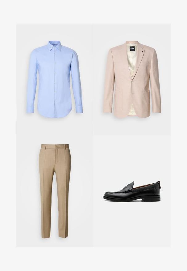 Lichtroze blazer met een subtiel ruitpatroon. Heeft een geknipt revers, twee voorzakken en een sluiting met één knop. Gevoerd interieur.; Lichtblauw shirt met lange mouwen van katoen, met een knoopsluiting aan de voorkant, kraag en afgeronde zoom. Gladde textuur zonder patronen.; Beige op maat gemaakte broek met een gestructureerde stof, een vlak voorkant en rechte pijpen. Voorzien van zijzakken en riemlussen, voor een verzorgde uitstraling.; Zwarte leren herensloffen met moc toe stiksel, pennyriem, gestructureerde kraag en lage gestapelde hak op witte achtergrond.