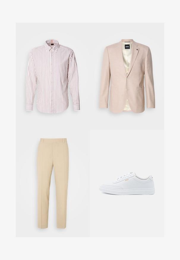 Blazer rose clair avec un motif à carreaux subtil. Présente un col cranté, deux poches avant et une fermeture à un bouton. Intérieur doublé.; Chemise à boutons rayée en blanc et rose clair. Présente un col, des manches longues et un petit logo sur la poitrine. Made en coton.; Pantalons beige ajustés avec une coupe droite, fabriqués en tissu léger, dotés de deux poches avant et de plis bien repassés.; Baskets blanches en cuir avec une texture lisse, bout rond et coutures tonales. Possède des lacets bleus et un logo doré sur le côté.