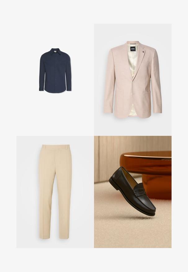 Heller rosa Blazer mit dezentem Karomuster. Verfügt über einen Reverskragen, zwei vordere Taschen und einen einzelnen Knopfverschluss. Gefüttertes Innenfutter.; Marineblaues Hemd mit langen Ärmeln, Knöpfen, Kragen und Manschetten, mit einem Calvin Klein Etikett im Kragen.; Beige maßgeschneiderte Hosen mit geradem Bein, aus leichtem Stoff, mit zwei vorderen Taschen und ordentlich gebügelten Falten.; Schwarzer Leder-Loafer, der über einem hellbeigen Teppich schwebt, mit bernsteinfarbenen modernen Möbeln im Hintergrund.