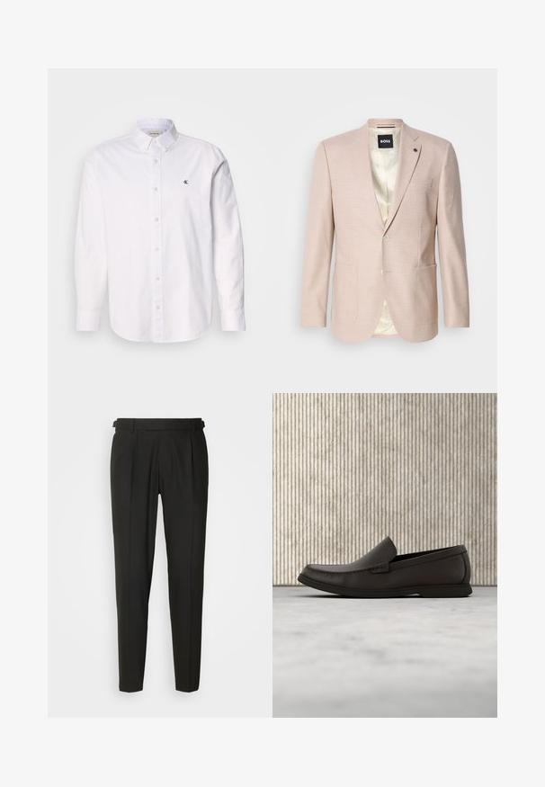 Blazer rosa claro con un sutil patrón de cuadros. Cuenta con solapa muestrada, dos bolsillos frontales y cierre de un solo botón. Forrado en su interior.; Camisa blanca de algodón, con cuello clásico, mangas largas y un pequeño logo de CK en el lado izquierdo del pecho. Textura suave.; Pantalones negros ajustados con frontales lisos, dos pliegues, trabillas para cinturón y diseño de pierna recta. Fabricados con una tela suave y ligera.; Mocasines de cuero marrón oscuro con punta redondeada, detalles de costura sutil y suela de goma baja. Textura suave con un ajuste flexible.