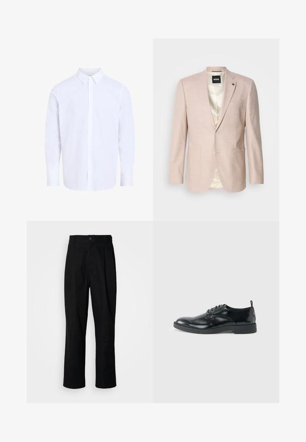 Heller rosa Blazer mit dezentem Karomuster. Verfügt über einen Reverskragen, zwei vordere Taschen und einen einzelnen Knopfverschluss. Gefüttertes Innenfutter.; Weißes Hemd mit langen Ärmeln und klassischem Kragen, aus glattem Stoff gefertigt, mit durchgehendem Knopfleistenverschluss und abgerundetem Saum.; Schwarze gerade geschnittene Hosen mit einem Knopfverschluss, Gürtelschlaufen und Vorderfalten, vor einem schlichten weißen Hintergrund präsentiert.; Glänzender schwarzer Lederschuh mit niedrigem Absatz, Schnürverschluss und runder Kappe, seitlich auf hellem, schlichten Hintergrund gezeigt.