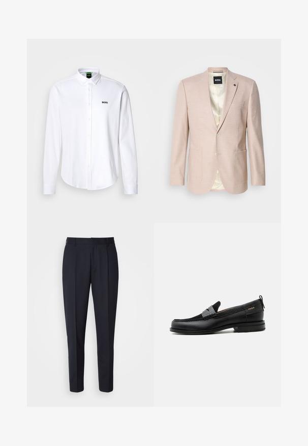 Lyserød blazer med et subtilt ternet mønster. Har en spids krave, to forreste lommer og en enkelt knaplukning. Foret inderdel.; Hvid skjorte med knapper lavet af bomuld, med en klassisk krave og et diskret broderet logo på venstre bryst. Glat tekstur.; BOSS PERIN - Bukser - navy; Sort læderloafer med grå remdetalje, lav hæl og tekstureret sål, mærket med "HUGO" i guld på siden.