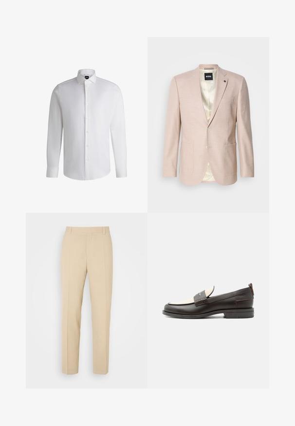 Blazer rosa claro con un sutil patrón de cuadros. Cuenta con solapa muestrada, dos bolsillos frontales y cierre de un solo botón. Forrado en su interior.; Camisa blanca de manga larga hecha de algodón suave, con un cuello clásico, botonera completa y puños abotonados. Diseño minimalista.; Pantalones de color beige ajustados con un diseño de pierna recta, elaborados en una tela ligera, que presentan dos bolsillos frontales y pliegues bien planchados.; Mocasín para hombre de cuero marrón oscuro con panel de tela crema y detalle clásico de correa cosida, suela plana y asa en el talón.
