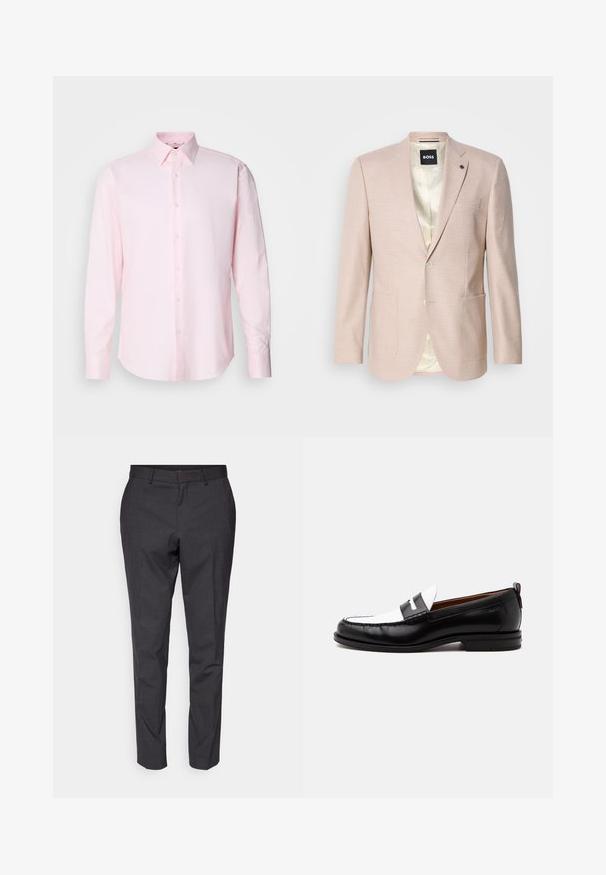 Blazer rosa claro con un sutil patrón de cuadros. Cuenta con solapa muestrada, dos bolsillos frontales y cierre de un solo botón. Forrado en su interior.; Camisa de manga larga de color rosa claro, confeccionada en tejido texturizado, con cuello estándar y cierre de botones en la parte delantera.; Pantalones grises ajustados con una textura suave, corte slim y piernas entalladas, con un frente plano y lazos para cinturón como detalle adicional.; Mocasín de cuero blanco y negro con detalles cosidos, tacón bajo y diseño tipo slip-on, mostrado de lado sobre un fondo liso.