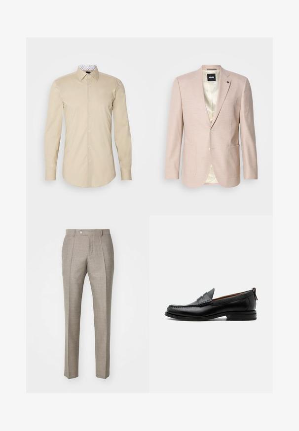 Blazer rose clair avec un motif à carreaux subtil. Présente un col cranté, deux poches avant et une fermeture à un bouton. Intérieur doublé.; Chemise beige à manches longues en tissu lisse. Présente un col classique et un col intérieur blanc contrastant avec des pois noirs.; Pantalons taillés beiges avec une finition en relief, dotés d'une fermeture à bouton et de deux poches latérales. Design structuré avec une silhouette à jambe droite.; Mocassin homme en cuir noir avec couture moc toe, bride penny, col texturé et petit talon empilé sur fond blanc.