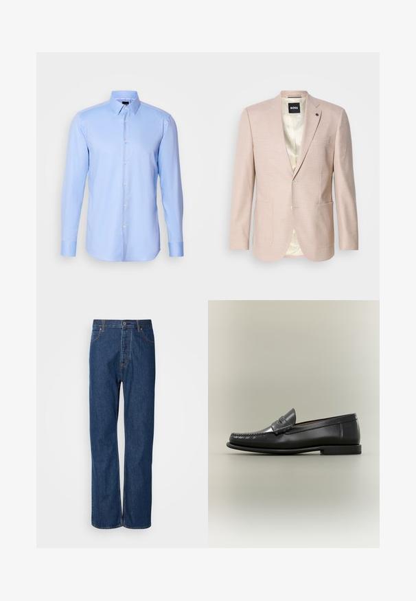 Blazer rosa claro con un sutil patrón de cuadros. Cuenta con solapa muestrada, dos bolsillos frontales y cierre de un solo botón. Forrado en su interior.; Camisa de botones de manga larga color azul claro, hecha de tejido texturizado, con cuello puntiagudo y cierre de botones clásico en la parte delantera.; Jeans de denim azul con un diseño de pierna recta, que cuentan con una bragueta de botones, cinco bolsillos y costuras de contraste a lo largo de las costuras.; Mocasín de hombre de cuero negro con diseño moc-toe, tira de tipo penny y tacón bajo sobre fondo neutro.