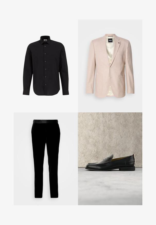 Blazer rosa claro con un sutil patrón de cuadros. Cuenta con solapa muestrada, dos bolsillos frontales y cierre de un solo botón. Forrado en su interior.; Camisa negra de manga larga y botonadura frontal, hecha de tejido entrelazado, con cuello clásico, dobladillo recto y botones negros en el frente.; Pantalones de terciopelo negro con un ajuste entallado, textura suave y cinturilla a juego. Cuentan con perneras rectas y bolsillos laterales.; Mocasín de cuero negro para hombre con empeine grabado en relieve de cocodrilo y tacón bajo, mostrado de perfil sobre un fondo neutro.