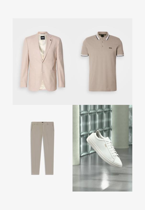 Heller rosa Blazer mit dezentem Karomuster. Verfügt über einen Reverskragen, zwei vordere Taschen und einen einzelnen Knopfverschluss. Gefüttertes Innenfutter.; Beiger Poloshirt mit klassischem Kragen, kurzen Ärmeln und Besatz in Schwarz und Weiß. Besticktes 'BOSS'-Logo auf der Brust.; Beige gerade geschnittene Hose aus glattem Stoff, mit zwei vorderen Taschen, einem Knopfverschluss und minimalen Zierstichen.; Weißer Leder-Low-Top-Sneaker mit Schnürsenkeln, schwarzer Fersenschlaufe und „BOSS“-Logo, der drinnen nahe einer Glassteinwand und einem polierten Boden schwebt.