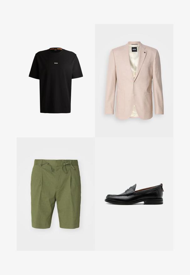 Lyserød blazer med et subtilt ternet mønster. Har en spids krave, to forreste lommer og en enkelt knaplukning. Foret inderdel.; Sort bomulds t-shirt med rund halsudskæring, korte ærmer og hvid "BOSS" logo centreret på brystet. Glat tekstur, afslappet pasform.; Oliven grønne shorts lavet af letvægtsstof, med en elastisk talje med snøre, plisseret frontdesign og knælængde.; Sort læder herre loafer med moc-tå syning, penny strop, struktureret krave og lav stablet hæl på hvid baggrund.