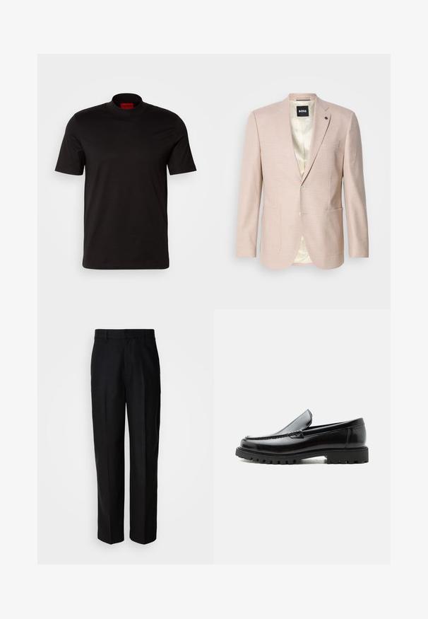 Lyserød blazer med et subtilt ternet mønster. Har en spids krave, to forreste lommer og en enkelt knaplukning. Foret inderdel.; Sort kortærmet t-shirt med høj hals design. Fremstillet af glat stof. Har et rødt mærke på indersiden af kraven.; Sorte bukser lavet af glat stof, med lige ben, flad front og bæltestropper, præsenteret mod en ensfarvet baggrund.; Sort læderloafer med chunky gummisål, syet overdel og præget mærkenavn på hælen, vist i sideprofil på hvid baggrund.
