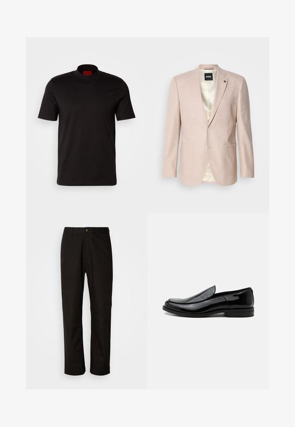 Lyserød blazer med et subtilt ternet mønster. Har en spids krave, to forreste lommer og en enkelt knaplukning. Foret inderdel.; Sort kortærmet t-shirt med høj hals design. Fremstillet af glat stof. Har et rødt mærke på indersiden af kraven.; Sorte bomuldsbukser med lige pasform, bæltestropper, lynlås foran og en enkelt knappelukning. Glat tekstur uden synlige mønstre.; Sort blankt læder slip-on selskabssko med lav hæl og rundet tå set fra siden på hvid baggrund.