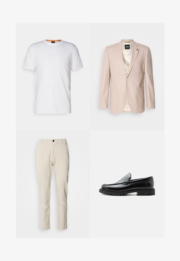 Heller rosa Blazer mit dezentem Karomuster. Verfügt über einen Reverskragen, zwei vordere Taschen und einen einzelnen Knopfverschluss. Gefüttertes Innenfutter.; Weißes Baumwoll-T-Shirt mit Rundhalsausschnitt, kurzen Ärmeln und einem dezenten geprägten Logo auf der Brust. Das Innenschild hat einen orangefarbenen Akzent.; Beige Chinos mit geradem Schnitt, aus weichem Baumwollstoff gefertigt, mit Reißverschluss und einem einzelnen schwarzen Knopfverschluss.; Schwarzer Lederloafer mit grober Gummisohle, genähter Oberseite und geprägtem Markennamen an der Ferse, seitlich auf weißem Hintergrund gezeigt.