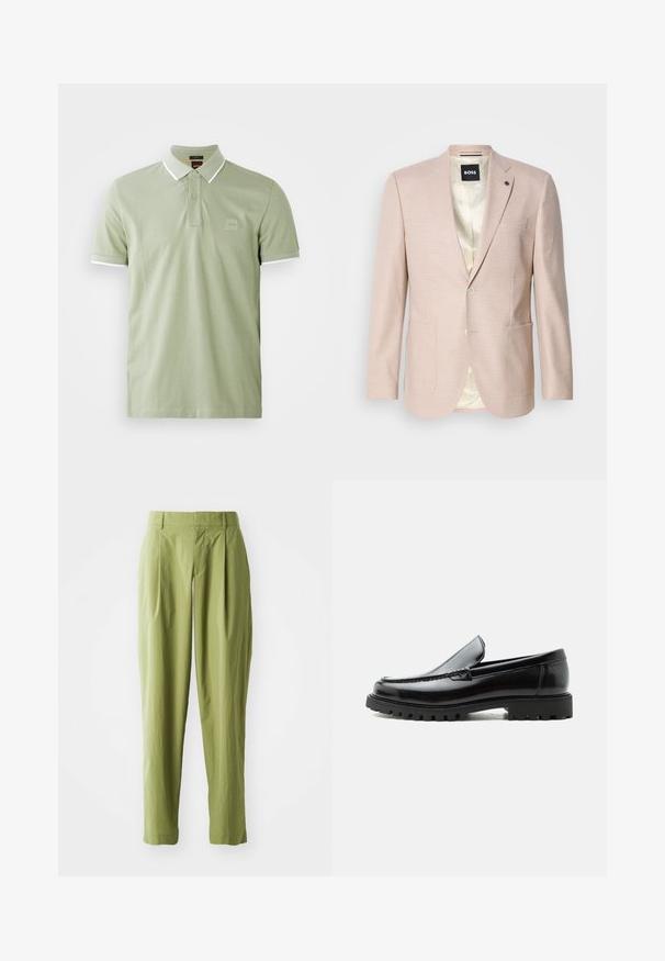 Blazer rose clair avec un motif à carreaux subtil. Présente un col cranté, deux poches avant et une fermeture à un bouton. Intérieur doublé.; Polo shirt vert clair en coton, avec un col classique, une patte de boutonnage à deux boutons et des finitions blanches au col et aux manches. Logo carré sur la poitrine.; Pantalons vert clair en tissu texturé, présentant une coupe droite, des plis à l'avant et une taille standard.; Mocassin en cuir noir avec semelle en caoutchouc épaisse, dessus cousu et nom de marque embossé sur le talon, présenté de profil sur fond blanc.