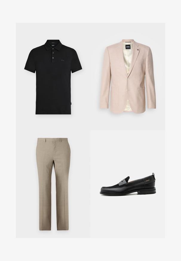 Blazer rosa claro con un sutil patrón de cuadros. Cuenta con solapa muestrada, dos bolsillos frontales y cierre de un solo botón. Forrado en su interior.; Polo negro de corte ajustado con tres botones, mangas cortas y un sutil logotipo "BOSS" en el pecho y en el interior del cuello.; Pantalones beige a medida con una textura suave, diseño de pierna recta, un sutil patrón de cuadro y frente plano. Incluye dos bolsillos traseros.; Mocasín de cuero negro con detalle de tira gris, tacón bajo y suela texturizada, con la marca "HUGO" en oro en el lateral.