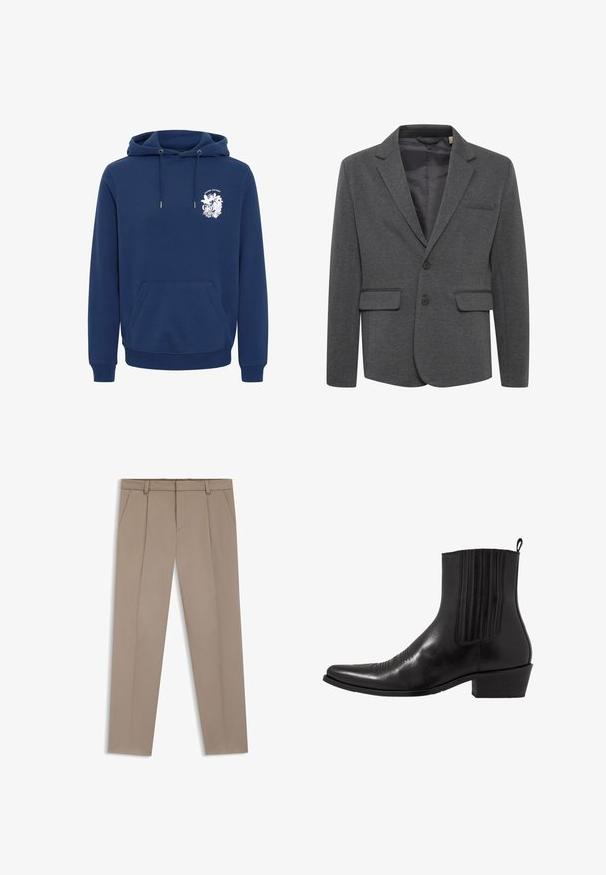 Grå struktureret blazer lavet af tekstureret stof, med en slagkrave, to frontlommer og to knapper til lukning.; Marineblå hættejakke lavet af blødt stof, med en front kanguro lomme, snore-i-hætten og et hvidt grafisk tryk på brystet.; Beige skræddersyede bukser med frontstige, sidelommer, bæltestropper og lynlås, lagt fladt på en hvid baggrund.; Sort læder ankelstøvle med spids tå, elastiske sidepaneler, lodrette stikninger og en lav blokhæl.