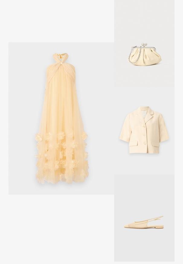 Blazer beige à manches courtes avec revers crantés, trois boutons sur le devant et deux poches à rabat devant.; Robe maxi en tissu translucide de couleur jaune pâle, dotée d'un col halter noué et d'appliqués floraux à l'ourlet, créant une silhouette fluide.; Chaussure plate slingback en beige clair avec une tige en maille, un bout pointu et un petit talon. Dotée d'une sangle ajustable pour un bon maintien.; Pochette en cuir beige plissé avec un cadre en métal argenté, dotée de deux fermoirs ronds décoratifs et d'une chaîne en argent.
