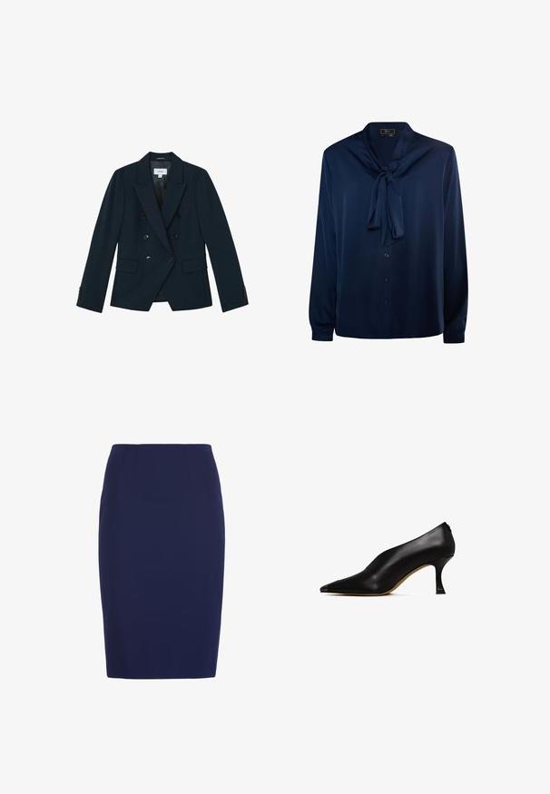 Mørkeblå dobbeltradet blazer med seks sorte knapper, brede reverser, klaplommer og knaplukning på ærmerne, skræddersyet til en tætsiddende silhuet.; Mørkeblå bluse lavet af glat stof, med en bundet halsdetalje, lange ærmer og knaplukning foran.; Mørkeblå knælængde blyantsnørret nederdel med tilpasset talje og subtile lodrette sømdetaljer.; Sorte læder højhælede sko med spids tå og en slank, buet hæl. Har en glat tekstur og et minimalistisk design.