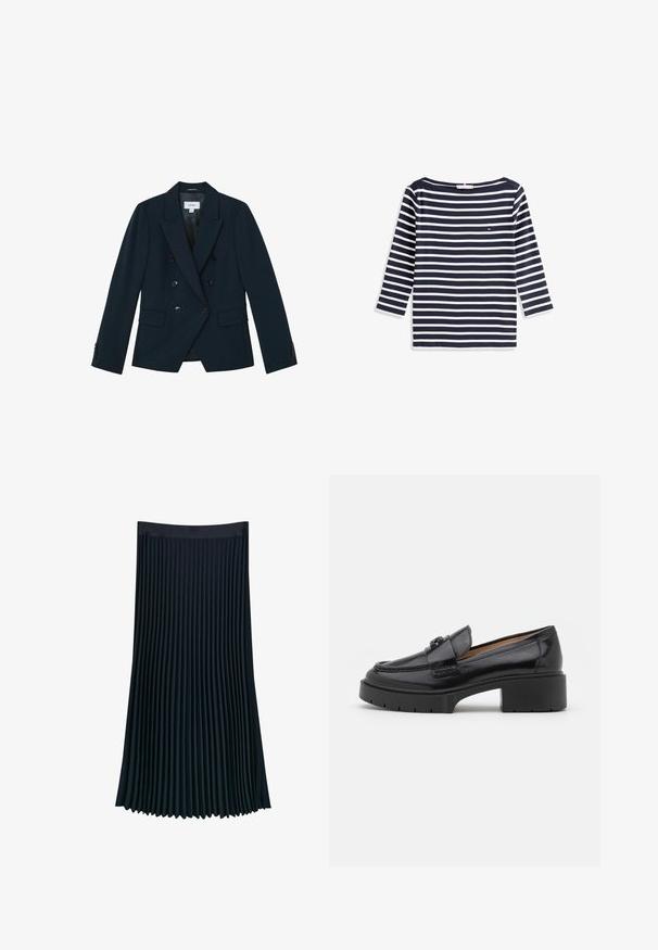 Marineblauer, doppelreihiger Blazer mit sechs schwarzen Knöpfen, breiten Revers, Pattentaschen und geknöpften Manschetten, maßgeschneidert für eine taillierte Silhouette.; Marineblau-weiß gestreiftes langärmliges Shirt mit weitem Halsausschnitt und kleinem Logo-Detail auf der Brust, aus weicher Baumwollware.; Plissierter Rock aus dunklem Marine-Stoff, mit einem glatten Bund und vertikalen Falten für Textur und Bewegung, mit einer fließenden Silhouette.; Schwarze Lederloafer mit niedrigem Blockabsatz, runder Zehenform, dekorativem Riemen und strukturiertem Steppdetail im Obermaterial. Glatte Oberfläche.