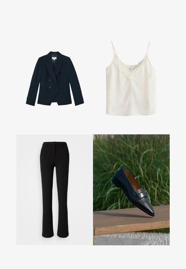 Marineblauwe dubbelgeknoopte blazer met zes zwarte knopen, brede revers, klepzakken en knoopmanchetten, op maat gemaakt voor een aansluitende silhouet.; Roomkleurig mouwloos hemd met dunne bandjes en kanten randje langs de V-hals, afgebeeld op een effen achtergrond.; Zwarte broek gemaakt van een gladde stof, met een recht model, voorzakken en een standaard tailleband met een riemlus.; Zwarte leren herenslof met banddetail, balancerend op de rand van een houten bankje tegen een wazige groene grasachtergrond.