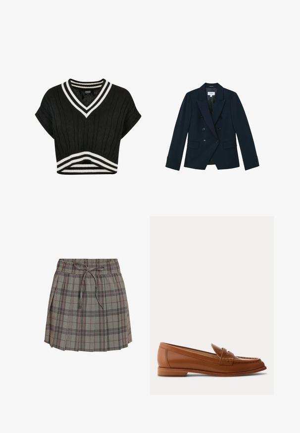 Marineblauer, doppelreihiger Blazer mit sechs schwarzen Knöpfen, breiten Revers, Pattentaschen und geknöpften Manschetten, maßgeschneidert für eine taillierte Silhouette.; Schwarzer, kurzer Pullover mit V-Ausschnitt, Struktur aus Kabelstrick, kurzen Ärmeln und doppelten weißen Streifen am Kragen und Saum.; Karierte Bluse mit elastischem Bund und verstellbarem Zugband. Sie hat eine hellgraue Basis mit schwarz-rotem Karomuster.; Brauner Lederloafer mit niedrigem Holzabsatz, klassischem Pennyriemen und genähten Details entlang der Zehen- und Seitenpartien.