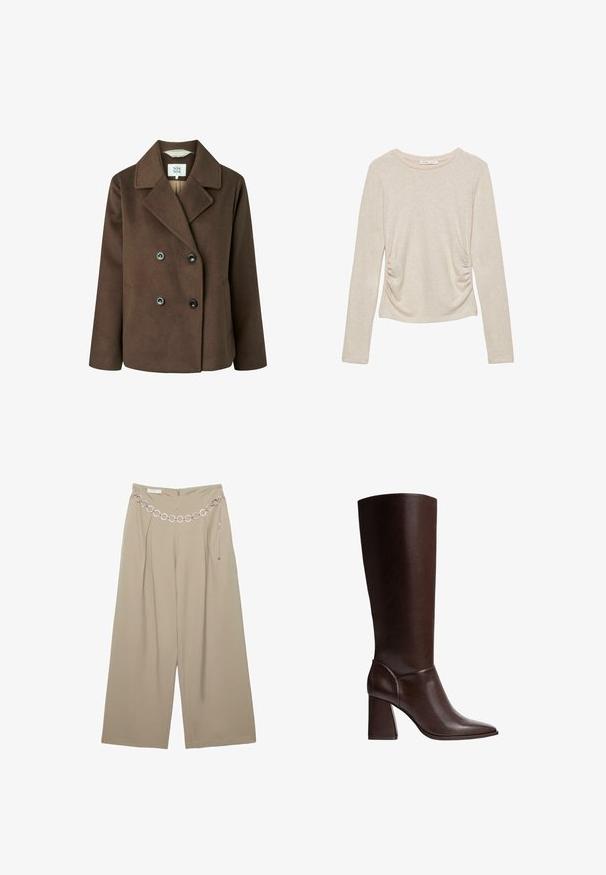 Brun dobbeltradet frakke lavet af struktureret uld, med sklæder, to forlommer og sorte knapper.; Beige langærmet top med rund halsudskæring og samlet detaljering i siderne, lavet af et blødt, textured stof.; Beige viddebukser med høj talje og en sølvkæde med runde led og en hængende ende mod en hvid baggrund.; Brune læderknæhøje støvler med spidse tæer og blokhæle, der har en glat overflade og et strømlinet design. Udsmykket syning ved anklen.