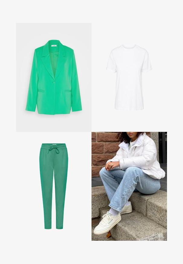 mbyM MAETTA - Blejzer - bright green; Biela bavlnená tričko s krátkymi rukávmi, okrúhlym výstrihom a voľným strihom, s hladkou textúrou a bez viditeľných vzorov.; Zelené jogger nohavice vyrobené z mäkkej tkaniny, s elastickým pásom, viazaním na šnúrku a dvoma bočnými vreckami, navhnuté v štíhlom strihu.; Biely nafukovací kabát s vysokým golierom, svetlo modré džínsy a biele tenisky Reebok. V pozadí sú štruktúrované kamenné schody.