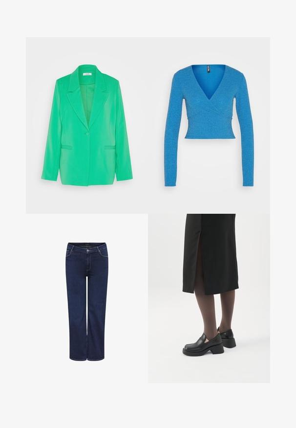 mbyM MAETTA - Σακάκι - bright green; Pieces PCLINA CROPPED V NECK - Μπλούζα με μακριά μανίκια - french blue; Σκούρο μπλε τζιν παντελόνι με ευθεία γραμμή, πέντε τσέπες και μεταλλικό κούμπωμα. Μεσαίου βάρους ύφασμα με λεία υφή.; Γυναίκα με μαύρα loafers με χοντρό τακούνι, μαύρες διάφανες κάλτσες και μαύρη φούστα με σκίσιμο πίσω σε λευκό φόντο.