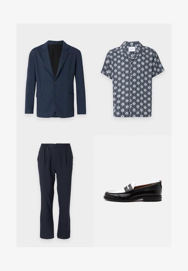 Navyblazer aus strukturiertem Stoff, mit einem einreihigen Design, Reverskragen, zwei Fronttaschen und zwei Knöpfen.; Kurzarmhemd aus navyblauem Stoff mit einem weißen und hellblauen aufwendigen Muster, mit Knopfverschluss und Kragen.; Himmelblaues Hosen aus weichem Stoff mit einem elastischen Bund, ausgestattet mit vorderen Falten und einem geraden Bein-Design.; Schwarz-weißer Lederloafer mit genähten Details, niedrigem Absatz und einem Slip-On-Design, seitlich auf neutralem Hintergrund gezeigt.