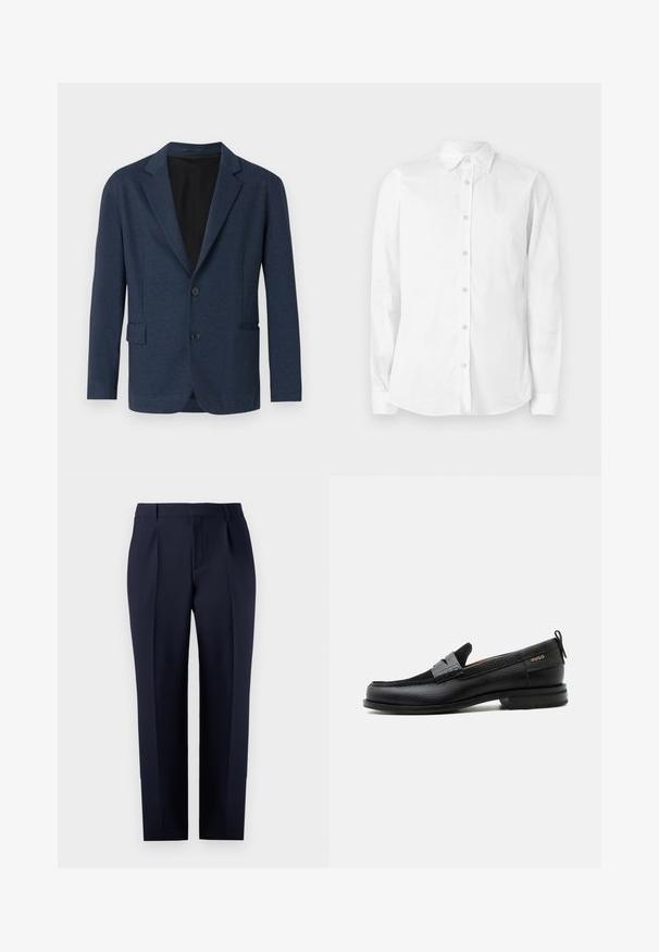 Navyblazer aus strukturiertem Stoff, mit einem einreihigen Design, Reverskragen, zwei Fronttaschen und zwei Knöpfen.; Weißes, langärmliges Hemd aus Baumwolle mit Knöpfen. Verfügt über einen spitzen Kragen und ein kleines, gesticktes Logo auf der Brust. Glatte Textur.; Marineblaue, maßgeschneiderte Hose aus strukturiertem Stoff, mit geradem Schnitt, Vorderfalten und einem klassischen Bund mit Gürtelschlaufen.; Schwarzer Lederloafer mit grauem Riemendetail, niedrigem Absatz und strukturierter Sohle, seitlich mit „HUGO“ in Gold gebrandmarkt.
