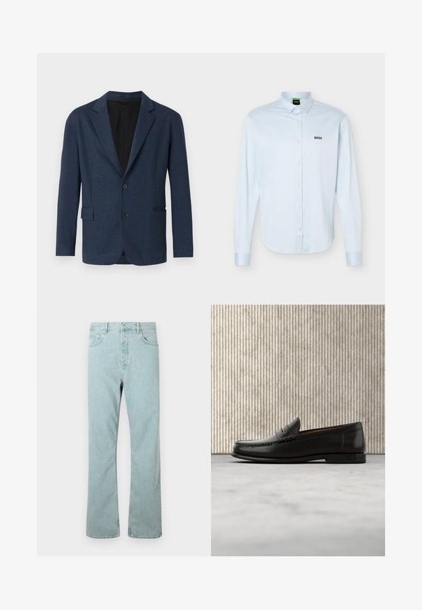 Navyblazer aus strukturiertem Stoff, mit einem einreihigen Design, Reverskragen, zwei Fronttaschen und zwei Knöpfen.; Hellblaues langärmliges Hemd mit Knopfleiste und Kragen, schwarzem "BOSS"-Logo auf der linken Brust und geknöpften Manschetten.; Hellblaue Jeans aus Denim mit geradem Schnitt, fünf Taschen und einem einzigen Knopfverschluss. Abgerundet mit dezenten Steppdetails.; Schwarzer Pennyloafer aus Leder mit niedrigem Absatz, abgerundeter Spitze und genähten Details vorne und an den Seiten, gezeigt vor neutralem Hintergrund.