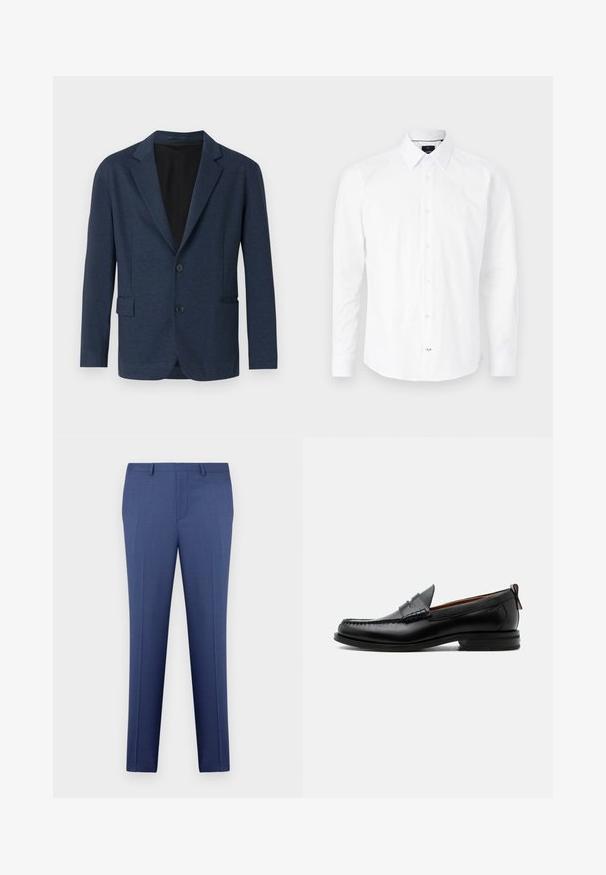Navy blazer van textiel met een structuur, voorzien van een enkelvoudige sluiting, notch revers, twee voorkruiszakken en twee knopen.; Witte longsleeve shirt van katoen. Bevat een knoopdown kraag, een knoopsluiting aan de voorkant met roze knopen en een gebogen zoom.; Blauwe op maat gemaakte heren dress trousers met riemlussen, voorpand, en plooidetails, tentoongesteld tegen een witte achtergrond.; Zwarte leren herensloffen met moc toe stiksel, pennyriem, gestructureerde kraag en lage gestapelde hak op witte achtergrond.